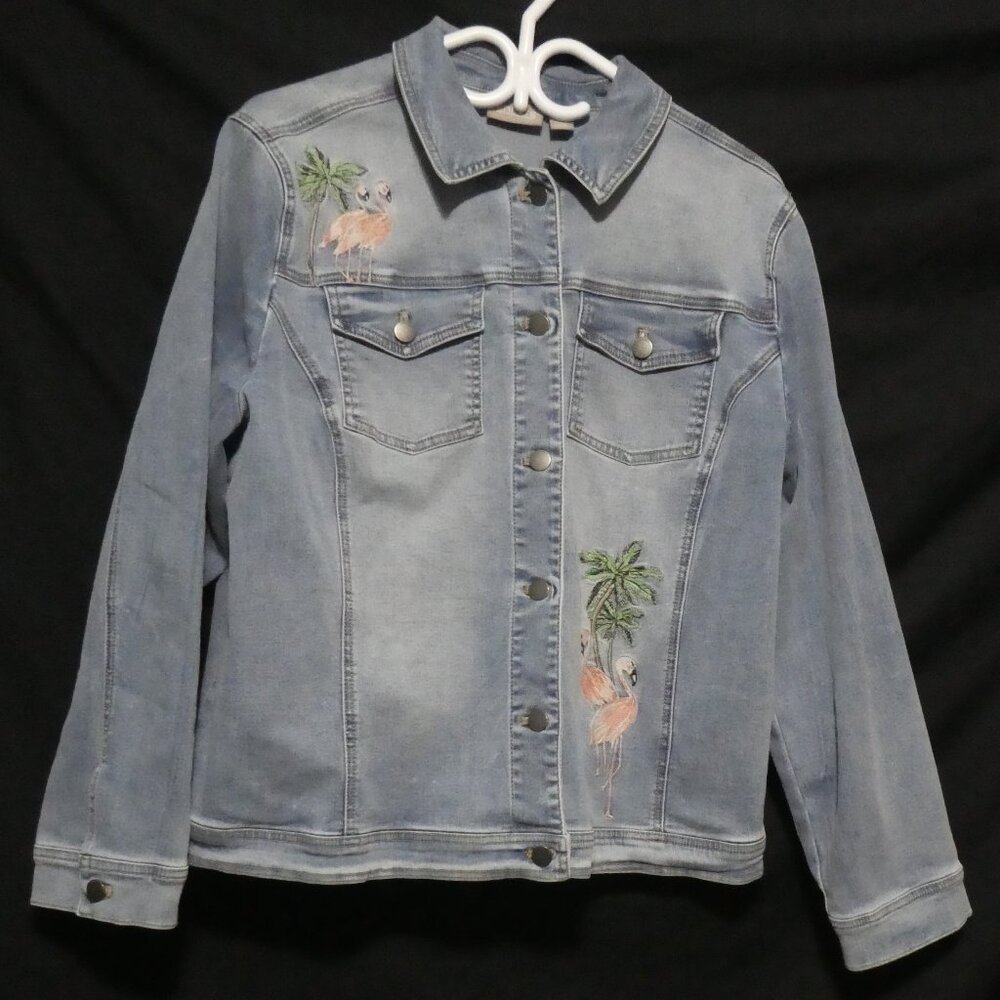 CHICO'S | size 3 | Button-Up Front Blue Denim Jacket | Flamingo Front and Back